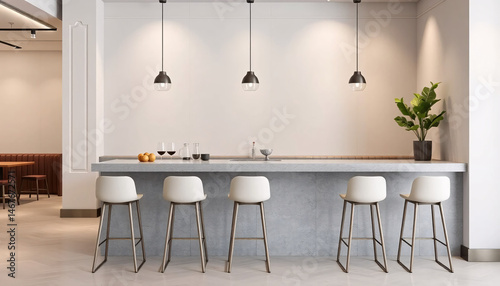 Modern Interior Bar Design with White Wall Marble Counter and Stylish Chairs Under Spotlight Lighting