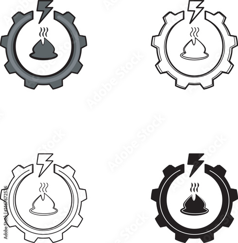 Thermal energy icon set with steam, gear, and lightning bolt—ideal for waste-to-energy, heat recovery, and renewable systems. Includes outline, color, and monochrome variations.