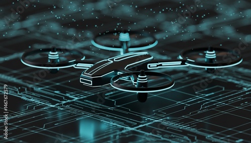 Drone hovering over a circuit board, technology concept.
