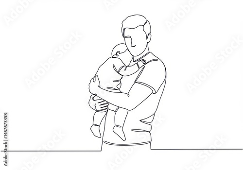 Continuous line drawing of father holding baby in arms in minimalist style vector illustration