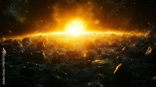 Space sunrise over rocky alien planet surface with bright golden light illuminating cosmic horizon, science fiction concept for astronomy exploration