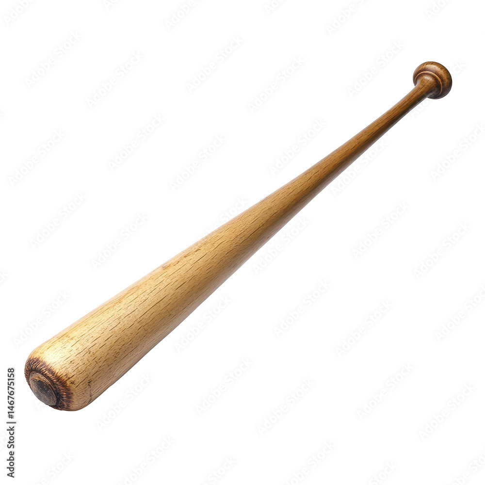 Wooden baseball bat on a plain background showcasing its smooth finish and tapered design for sporting activities or collection purposes Wooden baseball bat on a plain background showcasing its smooth finish and tapered design for sporting activities or collection purposes