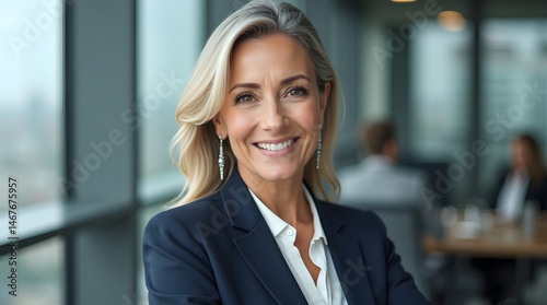 Confident middle-aged Caucasian woman in a suit smiles warmly in a modern office setting.