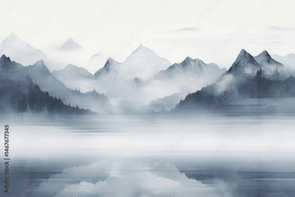 Fototapeta premium Monochromatic image of misty mountain range with reflections in water. Soft, muted blues and grays dominate the composition.