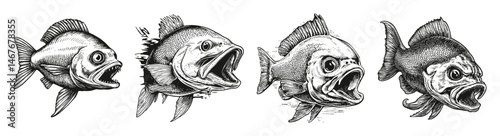 Vintage Illustrations of Exaggerated Fish Expressions and Details, vector illustration, engraving design, logo design set, black and white line, template design element