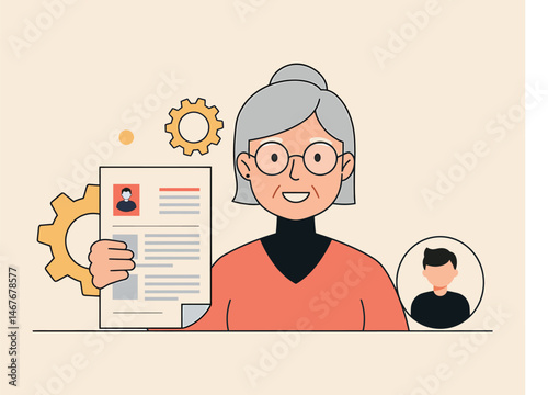 Senior Woman with Business Process,Mature Businesswoman Holding Workflow Chart,Elderly Professional with Management Diagram Isolated,Older Woman Presenting Business Workflow on Beige AI Generative