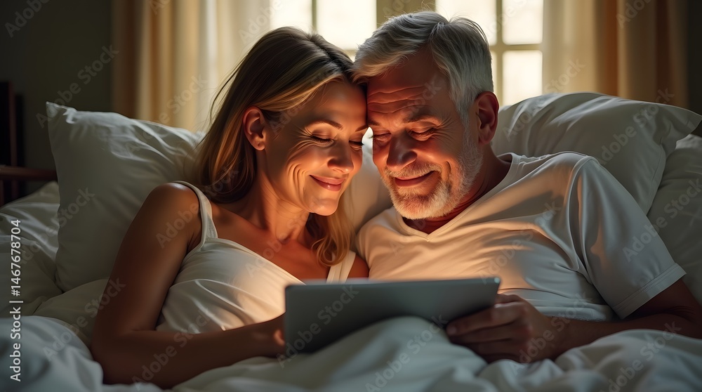 A joyful older couple, engaged and smiling while using a tablet in bed together, radiating love and connection. A joyful older couple, engaged and smiling while using a tablet in bed together, radiating love and connection.