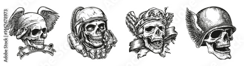 Vintage Illustrated Skull Designs with Military Helmets and Wings, vector illustration, engraving design, logo design set, black and white line, template design element