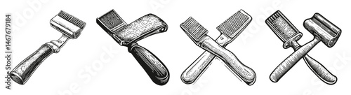 Vintage Style Cleaning Tools with Brushes and Combs Illustration, vector illustration, engraving design, logo design set, black and white line, template design element