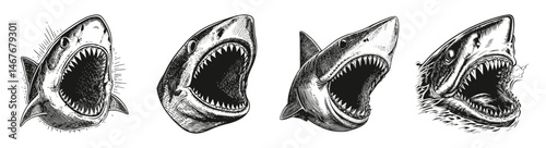 Detailed Illustration of Various Shark Heads with Open Mouths, vector illustration, engraving design, logo design set, black and white line, template design element