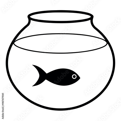 A minimalist, black and white graphic of a fishbowl with a single fish inside.