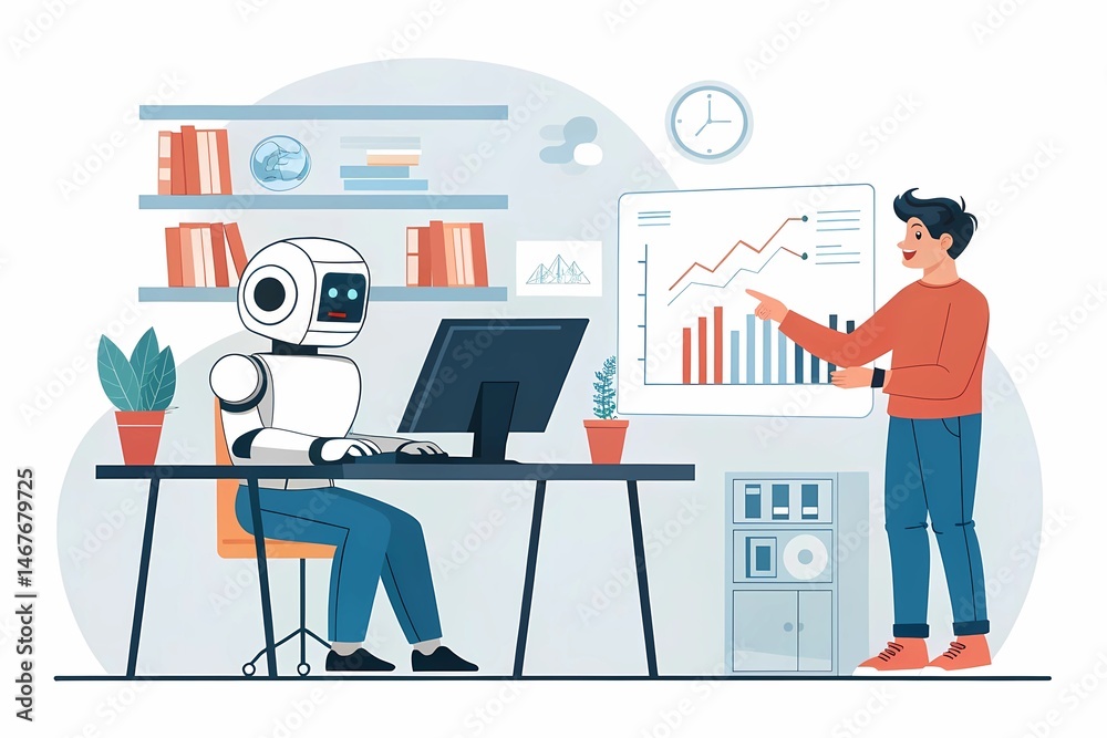 Fototapeta premium Man Analyzing Data Beside Robot in Book-Filled Workspace – Vibrant Digital Art