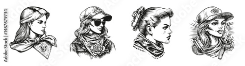 Four Detailed Illustrated Portraits of Strong Female Characters, vector illustration, engraving design, logo design set, black and white line, template design element