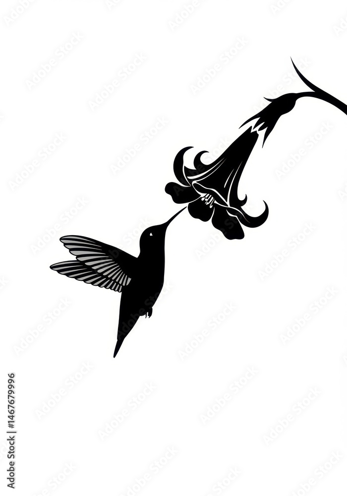 Hummingbird Silhouette Drinking Nectar from Flower; Black and White Hummingbird and Flower Illustration Hummingbird Silhouette Drinking Nectar from Flower; Black and White Hummingbird and Flower Illustration