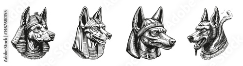 Ancient Egyptian Dog Head Illustrations, Detailed Art Design, vector illustration, engraving design, logo design set, black and white line, template design element