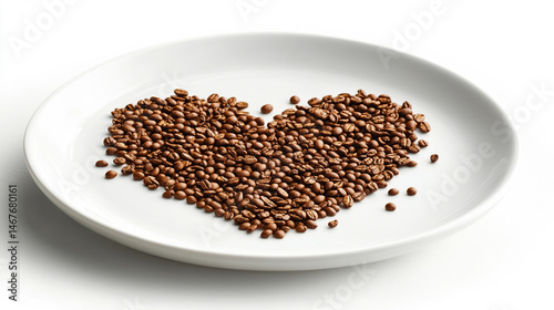 Heart shape made of roasted coffee beans arranged on a white ceramic plate atop a modern table. Symbolizes love for coffee, warmth, energy, and daily ritual in a stylish minimalist setting.


