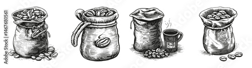 Vintage Turkish Coffee Grinder and Bags with Coffee Beans Design, vector illustration, engraving design, logo design set, black and white line, template design element