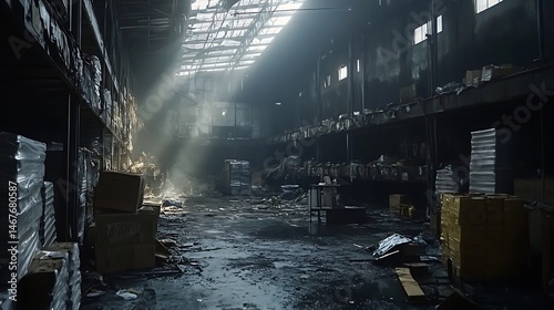 Warehouse interior space with overhead lighting and dust particles