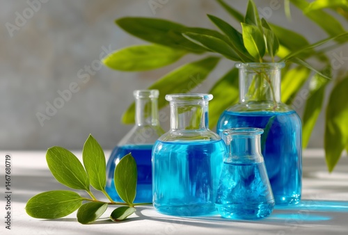 Blue Liquid Experiments in Glass Flasks on a Bright Background With Green Leaves