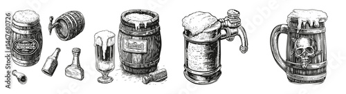 Vintage Brewery Badge Designs with Beer Mugs and Barrels Artwork, vector illustration, engraving design, logo design set, black and white line, template design element