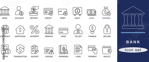 Bank icon set. Minimalist line art bank icon set featuring finance, credit, ATM, savings, investment, wallet, cash, security, and digital banking symbols.