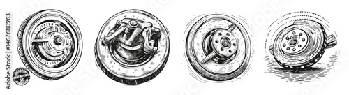 Detailed Sketches of Automotive Parts Including Disc Brake Components, vector illustration, engraving design, logo design set, black and white line, template design element