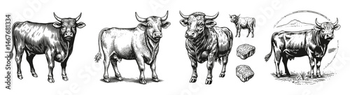 Vintage Sketch of Cattle on a Farm in Black and White Illustration, vector illustration, engraving design, logo design set, black and white line, template design element