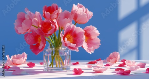 Bright Red Tulips in a Clear Vase on a Table With Rose Petals in Soft Lighting