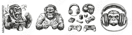 Cool Gamer Gorilla with Headphones Engaging in Video Game Fun, vector illustration, engraving design, logo design set, black and white line, template design element