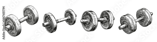 Vintage Vector Illustration of Weight Barbell Equipment for Fitness, vector illustration, engraving design, logo design set, black and white line, template design element
