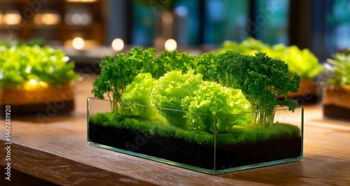 Beautiful Indoor Garden Display With Vibrant Lettuce and Herbs in Modern Glas...