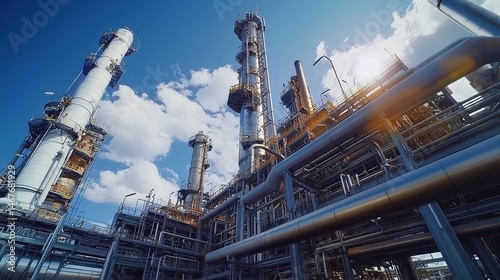 Large petrochemical plant with towers, storage tanks, and pipelines under blue sky.