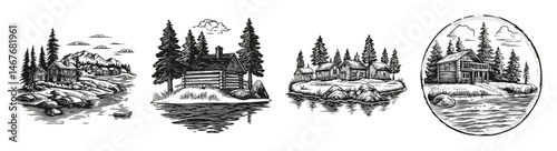 Scenic Illustrations of Cabins and Islands in Natural Landscapes, vector illustration, engraving design, logo design set, black and white line, template design element