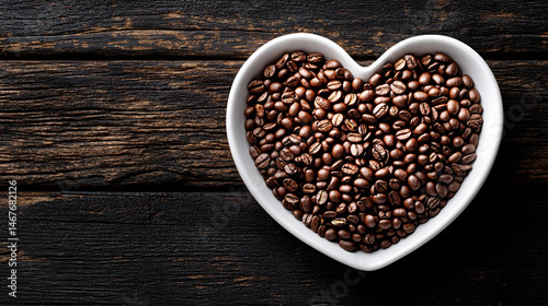 Heart shape made of roasted coffee beans arranged on a white ceramic plate atop a modern table. Symbolizes love for coffee, warmth, energy, and daily ritual in a stylish minimalist setting.

