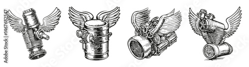 Vintage Motorbike Engine Illustrations with Wing Designs, vector illustration, engraving design, logo design set, black and white line, template design element