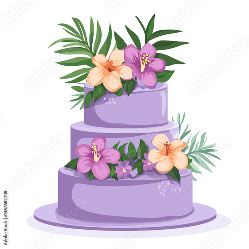 Three-tier purple wedding cake with tropical flowers


