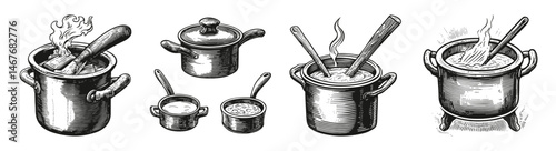 Vintage Etching of Soup Pots and Kitchen Utensils in Black and White, vector illustration, engraving design, logo design set, black and white line, template design element