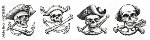 Four Pirate Skull Designs with Crossed Weapons and Anchors, vector illustration, engraving design, logo design set, black and white line, template design element