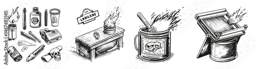 Illustration of Printing Tools and Techniques for Silk Screen Process, vector illustration, engraving design, logo design set, black and white line, template design element