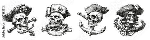Detailed Black and White Pirate Skull Designs with Various Accessories, vector illustration, engraving design, logo design set, black and white line, template design element