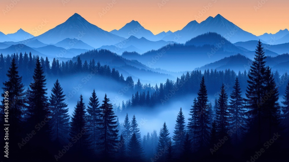 Obraz premium Mountains, fog, and trees in layered, shaded blue view