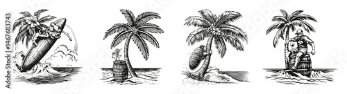 Vintage Surfer Cocktail Illustration with Palm Trees and Waves, vector illustration, engraving design, logo design set, black and white line, template design element