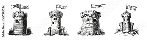 Illustrations of Medieval Fortress Towers with Flags in Historic Style, vector illustration, engraving design, logo design set, black and white line, template design element