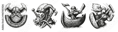 Warrior Characters with Helmets, Axes, Ships, and Shields Vector Art, vector illustration, engraving design, logo design set, black and white line, template design element