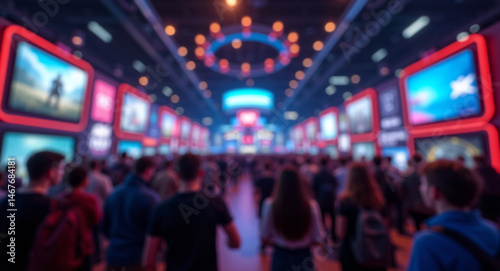 Wallpaper Mural Gamers and spectators are walking in a large hall at a gaming expo, surrounded by neon lights and screens displaying game footage, creating an exciting atmosphere. Blurred, out of focus background Torontodigital.ca