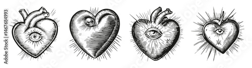 Vintage Engraving of Hearts with Eyes and Decorative Elements, vector illustration, engraving design, logo design set, black and white line