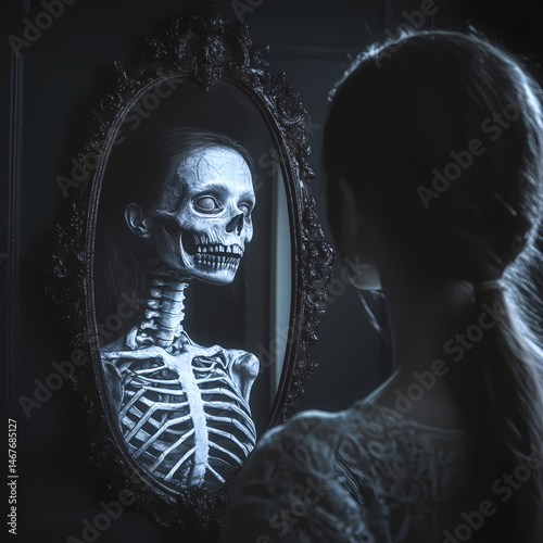 Skeleton reflection in an antique mirror during eerie twilight hours Generative AI