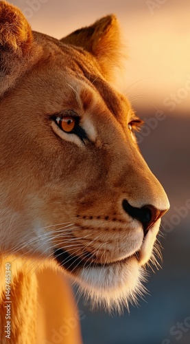 Majestic Lioness Gazing Toward the Sunset in a Serene Savannah Landscape