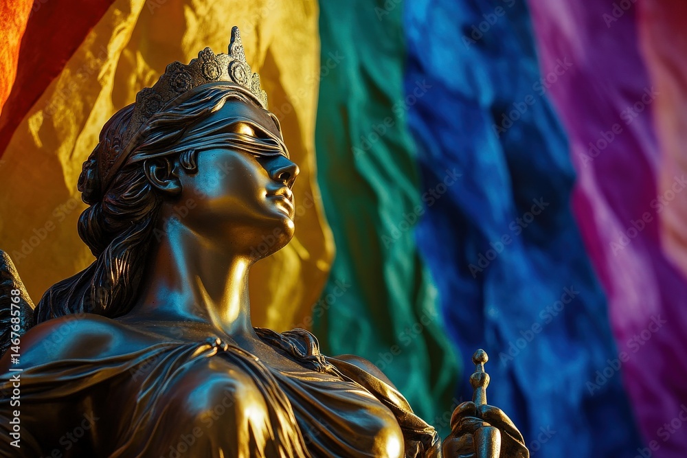 Obraz premium Justice statue blindfolded and crowned standing in front of vibrant rainbow LGBT pride flag. Concept of equality, diversity, rights and social freedom.