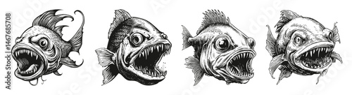 Detailed Black and White Illustrations of Ferocious Fish Heads, vector illustration, engraving design, logo design set, black and white line